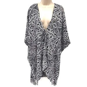 Fever sz S black & white paisley BOHO Chiffon tie front high-low kimono coverup